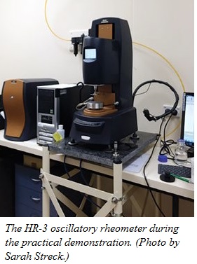The HR-3 oscillatory rheometer during the practical demonstration. (Photo by Sarah Streck.)
